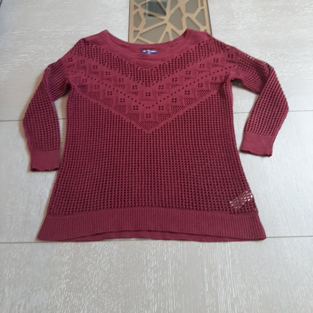 American Eagle Outfitters Maroon Open Knit Crew Neck Sweater